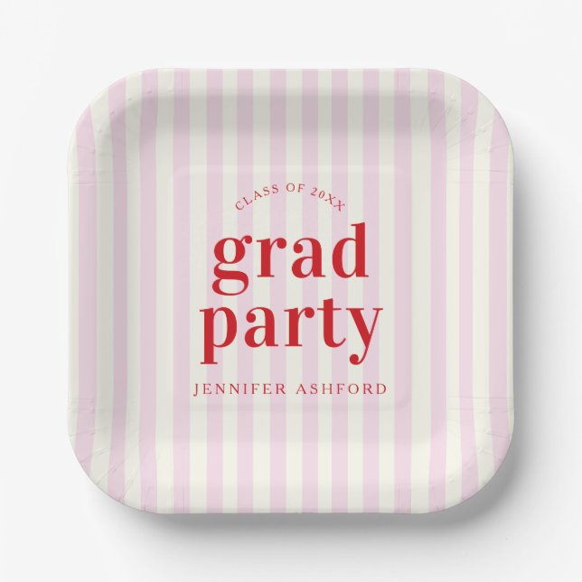 Assiettes En Carton Moderne Retro Red & Pink Stripes Graduation Party (Recto)