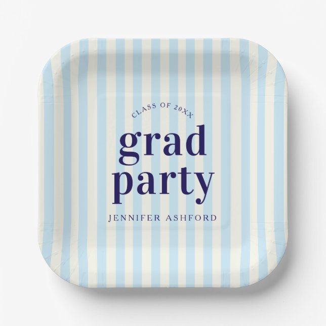 Assiettes En Carton Moderne Retro Stripes Marine Blue Graduation Party (Recto)