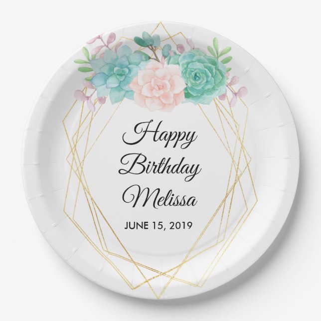 Assiettes En Carton Moderne rose et vert Succulents Aquarelle Annivers (Devant)