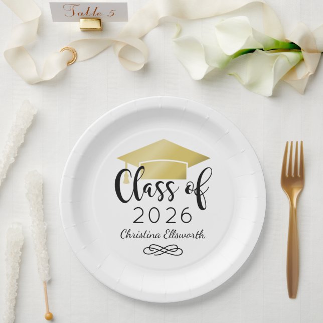 Assiettes En Carton Moderne Script Gold 2025 Graduation personnalisée (Mariage)