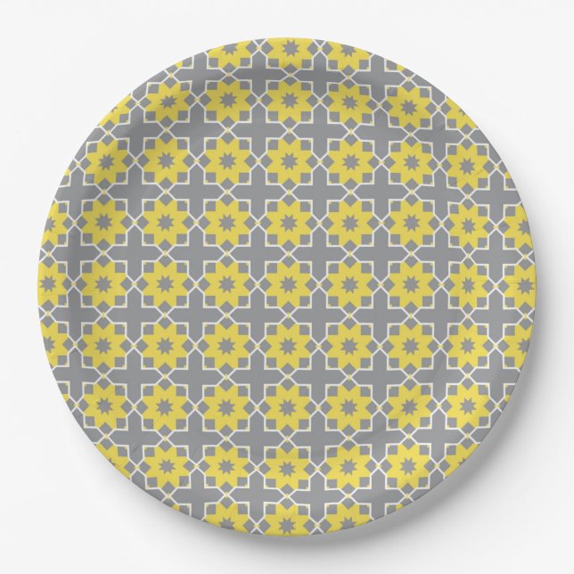 Assiettes En Carton Moderne tendance Gris et Fleurs Jaunes (Devant)