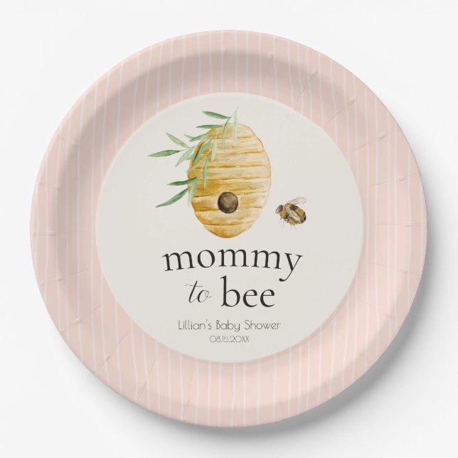 Assiettes En Carton Mommy To Bee Striped Blush Pink Girl Baby Shower  (Devant)