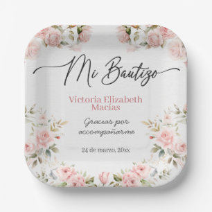Assiettes En Carton Mon Baptême Pour Fille Rose Floral Baptême