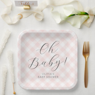 Assiettes En Carton Mon bébé ! Baby shower En vichy rose pâle