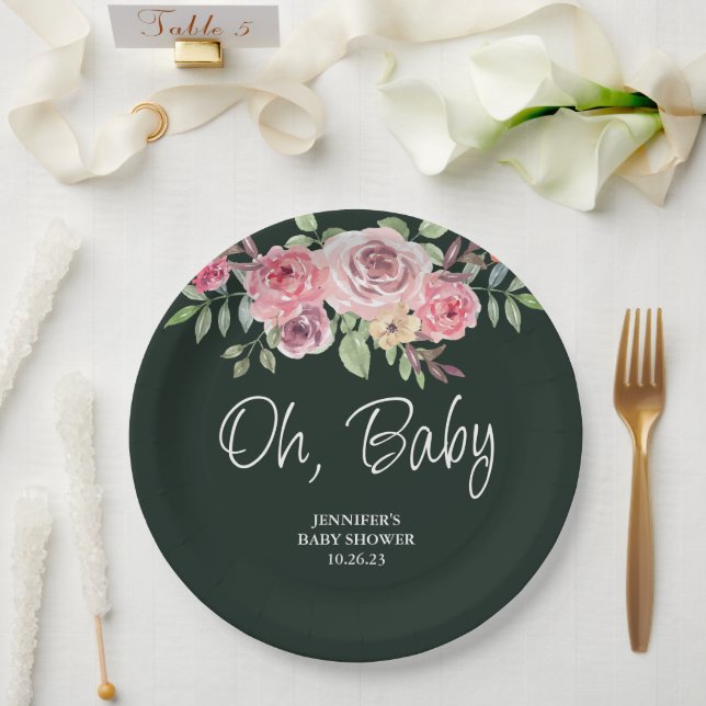 Assiettes En Carton Mon bébé Rose simple Baby shower vert radiant (Mariage)