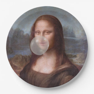 Assiettes En Carton Mona Lisa soufflant du chewing-gum gris