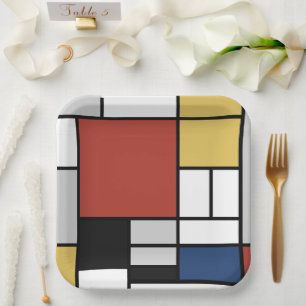 Assiettes En Carton Mondrian Peinture Rouge Plane Jaune Noir Gris Bleu