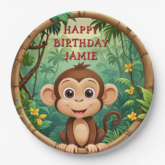 Assiettes En Carton "Monkey Cartoon Party - Custom Text Kids" (Devant)