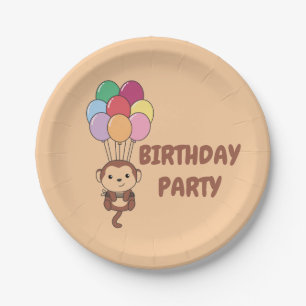 Assiettes En Carton Monkey S'Envole Avec Des Ballons Colorés Papier Ca