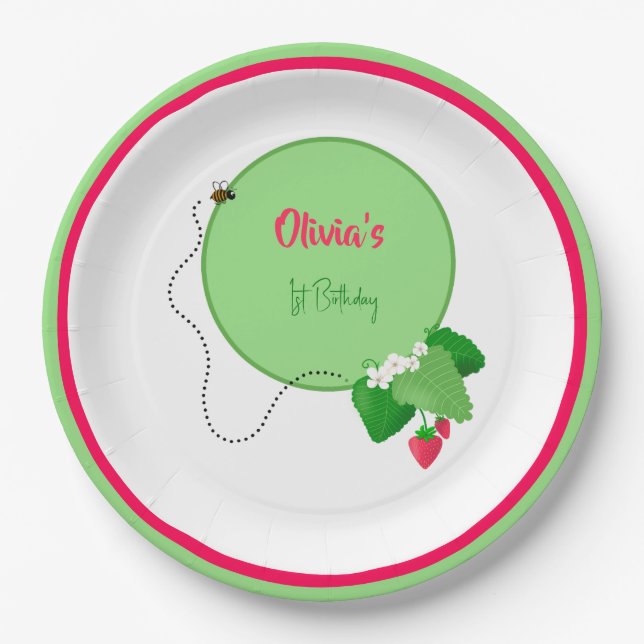 Assiettes En Carton Monnaie fraise Vert et rouge 1er anniversaire fill (Devant)