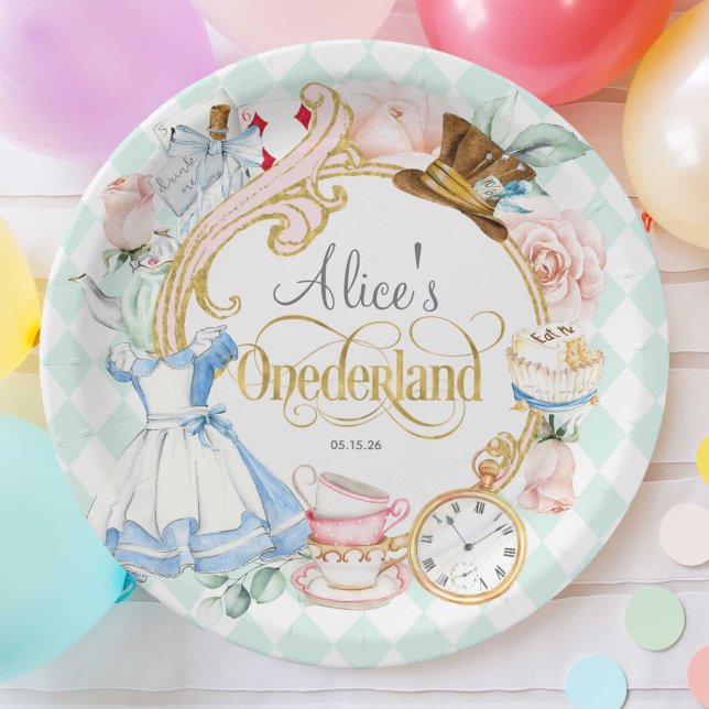 Assiettes En Carton Monnaie, Onederland, Fille 1er anniversaire tea pa (Teal, Alice Onederland, girl 1st birthday, Mad hatter tea party birthday paper plate.)