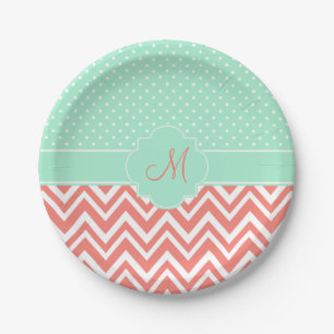 Assiettes En Carton Monogram Coral Chevron avec Motif de point de la p