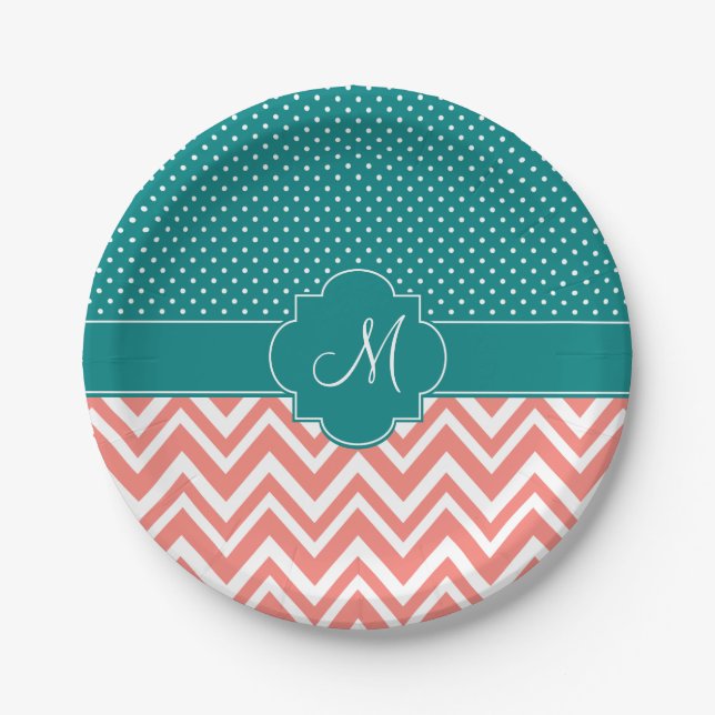 Assiettes En Carton Monogram Coral Chevron avec Motif Polka Turquoise (Devant)