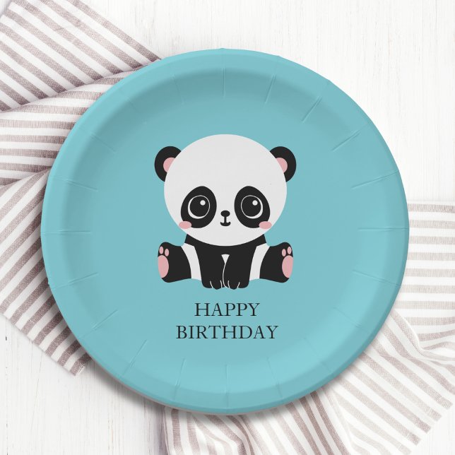 Assiettes En Carton Monogram Cute Panda Personnalisé Bubble Gum Bleu (Créateur téléchargé)