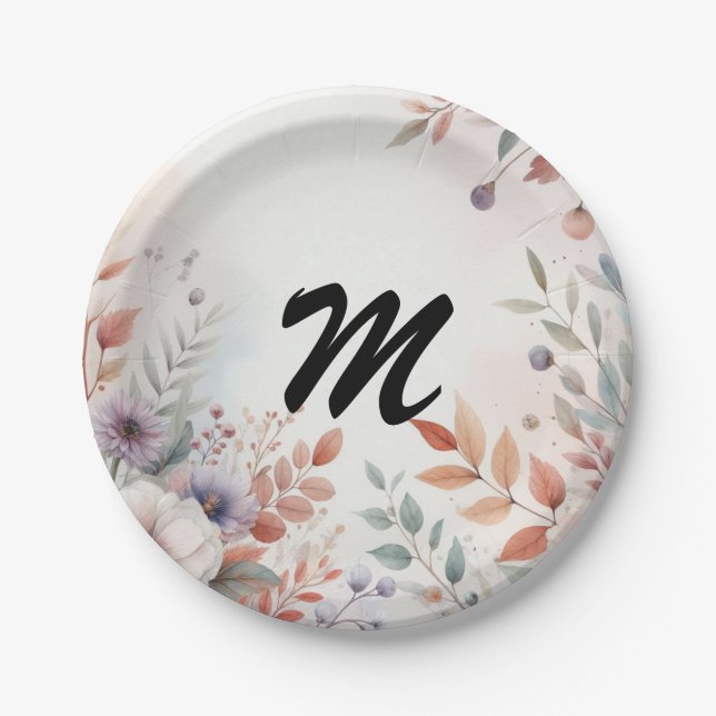 Assiettes En Carton Monogram Fall leaves and flowers watercolor  (Devant)