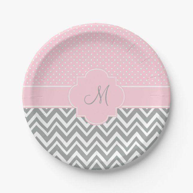 Assiettes En Carton Monogram Grey Chevron avec point Polka rose pastel (Devant)