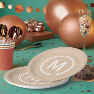 Assiettes En Carton Monogramme à cadre rond personnalisé Pale Peach