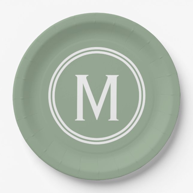 Assiettes En Carton Monogramme à cadre rond vert Sage moderne (Devant)