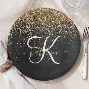 Assiettes En Carton Monogramme à étincelle noire à Parties scintillant