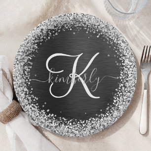 Assiettes En Carton Monogramme à étincelle noire à Parties scintillant