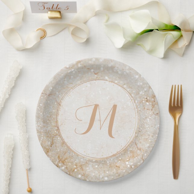 Assiettes En Carton Monogramme à étincelles blanc et or (Mariage)
