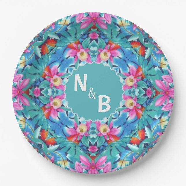 Assiettes En Carton Monogramme Abstrait hawaïen Couple Classic Round (Devant)