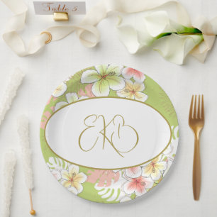Assiettes En Carton Monogramme Anniversaire Élégant Tropical
