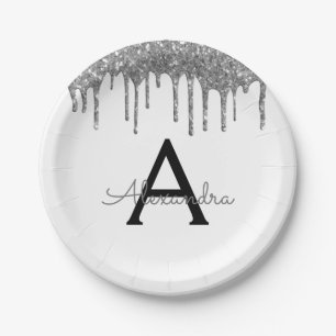 Assiettes En Carton Monogramme Anniversaire Paillettes Argent Blanc