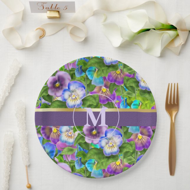 Assiettes En Carton Monogramme Anniversaire Pansy Violet Fleurs Aquare (Mariage)