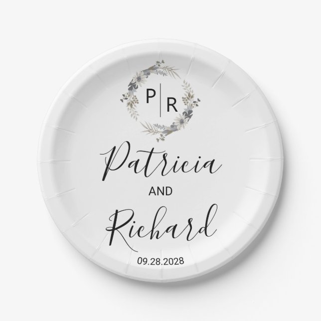 Assiettes En Carton Monogramme Aquarelle Florale Mariage (Devant)