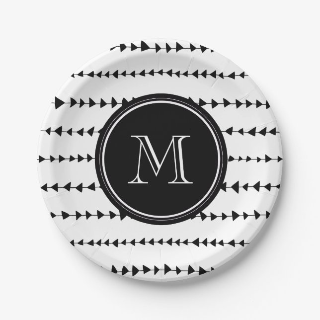 Assiettes En Carton Monogramme aztèque blanc noir de flèches (Devant)