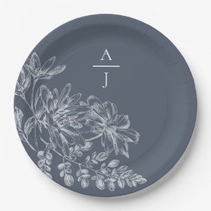 Assiettes En Carton Monogramme bleu foncé moderne Plaque de papier flo
