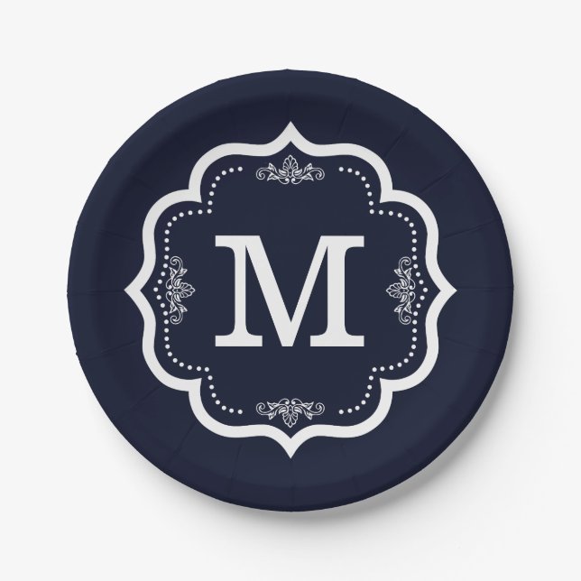 Assiettes En Carton Monogramme Bleu Marine (Devant)