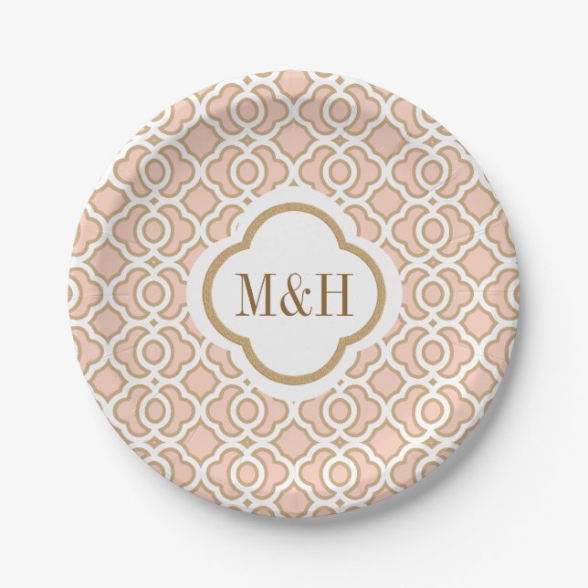 Assiettes En Carton Monogramme Blush et or Mariage marocain (Devant)