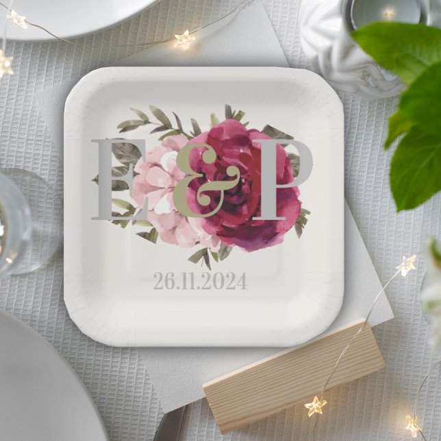 Assiettes En Carton Monogramme Bourgogne Blush Floral Wedding Party (Monogram Burgundy Blush Floral Wedding Party Paper Plates)