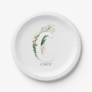 Assiettes En Carton Monogramme C Or Feuilles De Verdure Élégant Nom