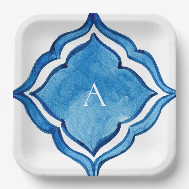 Assiettes En Carton Monogramme Carreau Bleu Cobalt Méditerranéen (Recto)