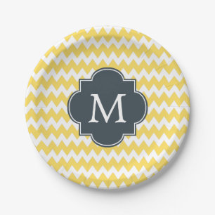 Assiettes En Carton Monogramme Chevron jaune, blanc et charbon de bois