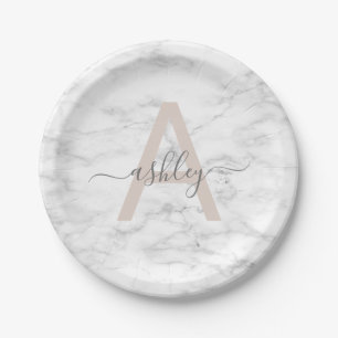 Assiettes En Carton Monogramme Chic Blush Pink Marbre blanc Nom du scr