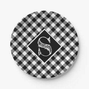 Assiettes En Carton Monogramme classique Carré de bisons noirs blancs