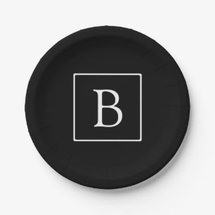 Assiettes En Carton Monogramme Classique Simple Noir avec Texte Blan