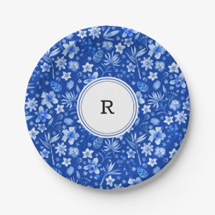 Assiettes En Carton Monogramme, Cobalt Blue Tropical Flowers Motif 7"