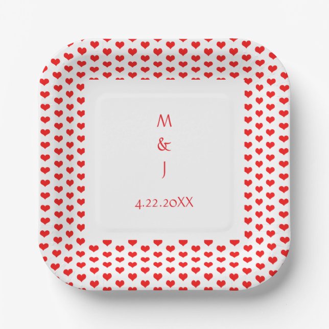Assiettes En Carton Monogramme Coeurs rouges Couple Nom Mariage romant (Recto)