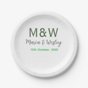 Assiettes En Carton Monogramme couple gris vert moderne date romantiqu