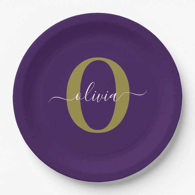 Assiettes En Carton Monogramme customisé Nom du script Purple White Go (Devant)