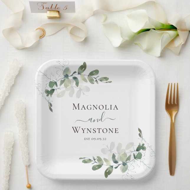 Assiettes En Carton Monogramme d'aquarelle Eucalyptus (Mariage)
