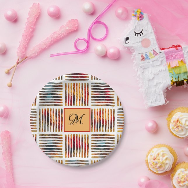 Assiettes En Carton Monogramme de bande Abstraite géométrique multicou (Fête)