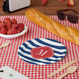Assiettes En Carton Monogramme de bandes patriotiques rouge blanc et b
