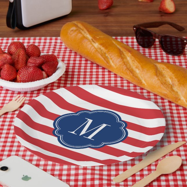 Assiettes En Carton Monogramme de bandes patriotiques rouge blanc et b (Pique-nique)