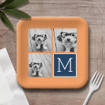 Assiettes En Carton Monogramme de collection de photos orange et marin<br><div class="desc">Oranges vibrantes et bleu foncé - Utilisez 3 photos carrés pour créer un cadeau unique et personnel. Ou vous pouvez garder le chiot hipster et faire un gardien branché. Si vous avez besoin d'ajuster les images,  cliquez sur l'outil personnaliser pour apporter des modifications.</div>